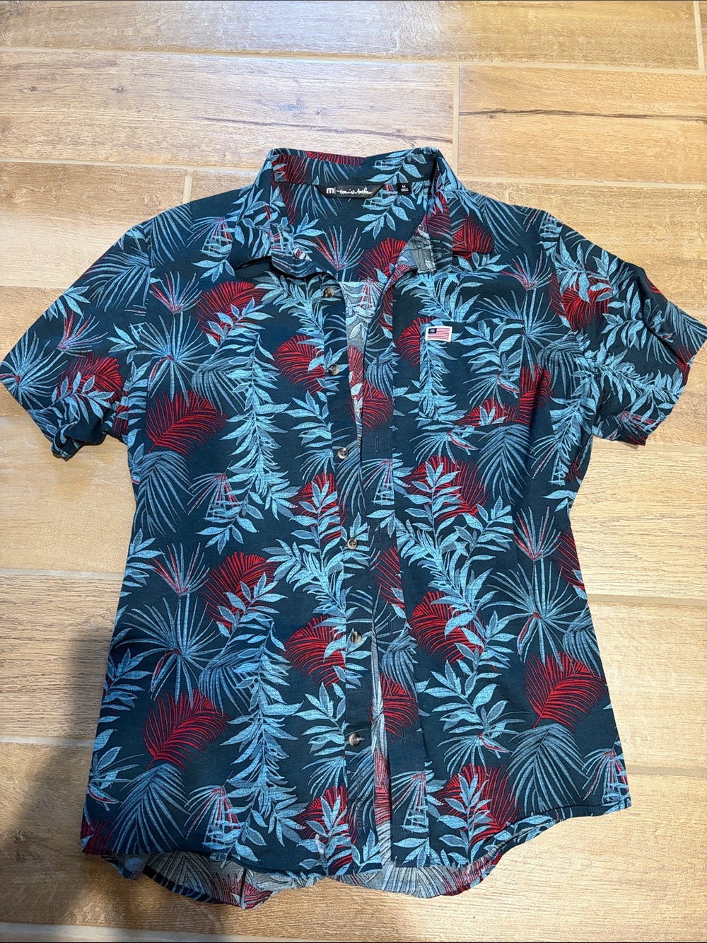 Travis Mathew Navy Short-Sleeve Button-Down with Red & Light Blue Tropical Print